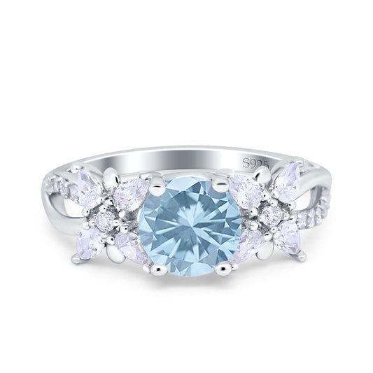 Art Deco Wedding Bridal Ring Round Simulated Aquamarine CZ