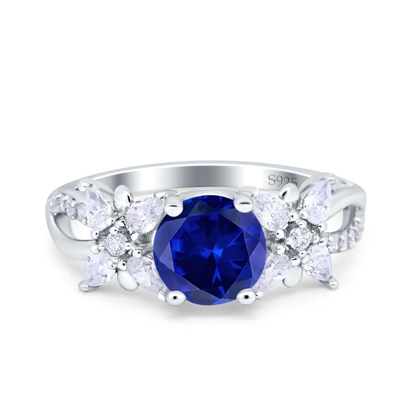 Art Deco Wedding Bridal Ring Round Simulated Blue Sapphire CZ