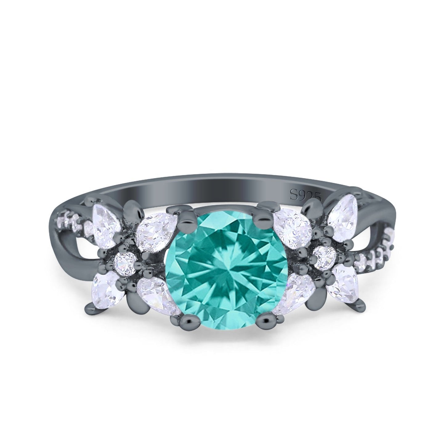 Art Deco Wedding Bridal Ring Round Black Tone, Simulated Paraiba Tourmaline CZ