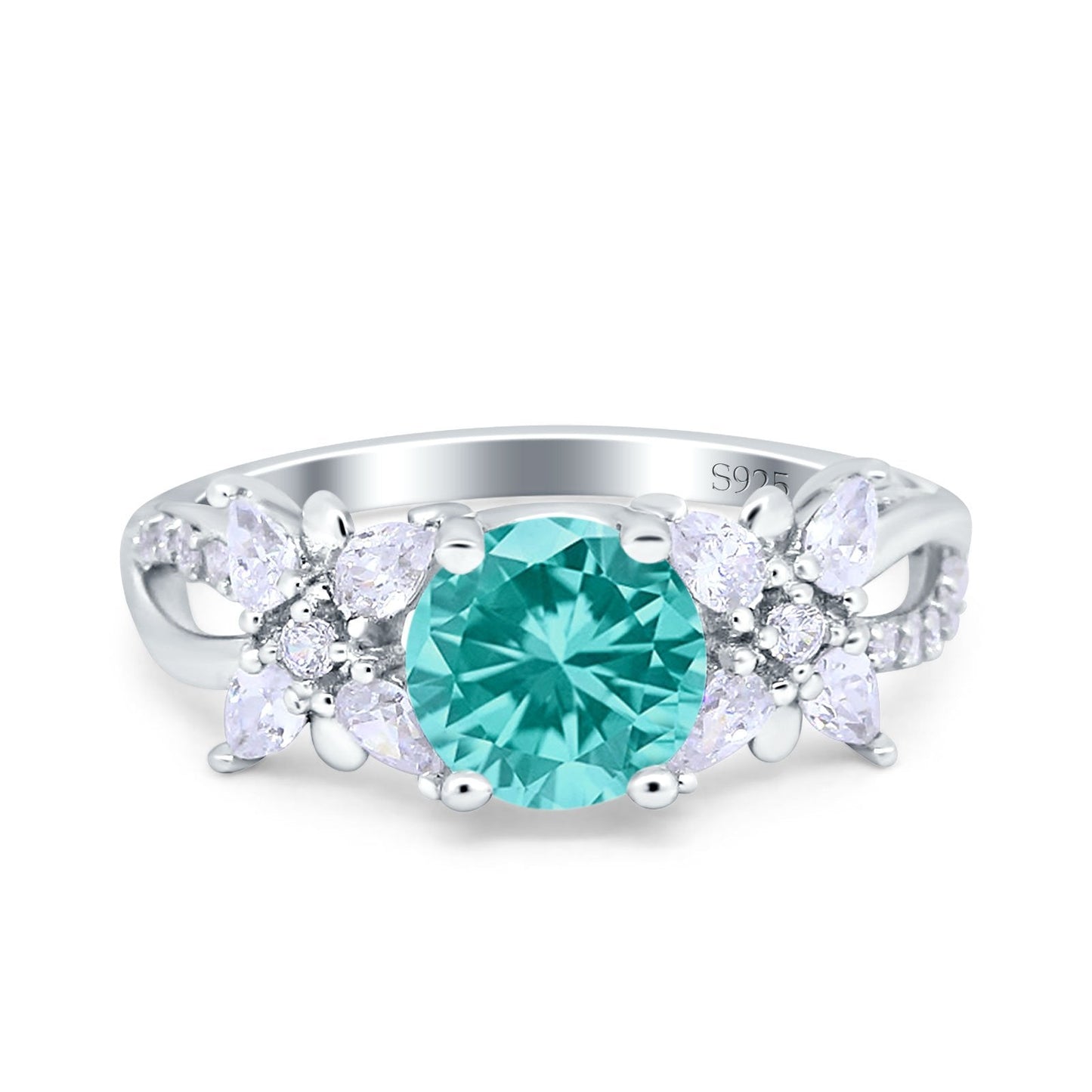 Art Deco Wedding Bridal Ring Round Simulated Paraiba Tourmaline CZ