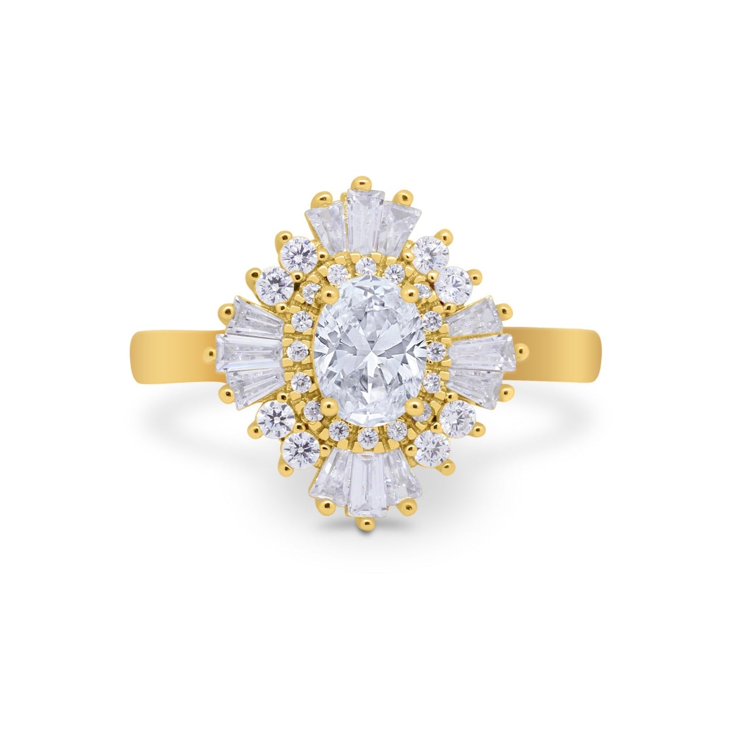 Art Deco Vintage Oval Halo Wedding Ring Yellow Tone, Simulated Cubic Zirconia