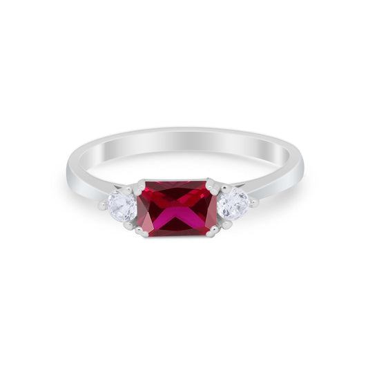 Three Stone Wedding Ring Emerald Cut Simulated Ruby CZ