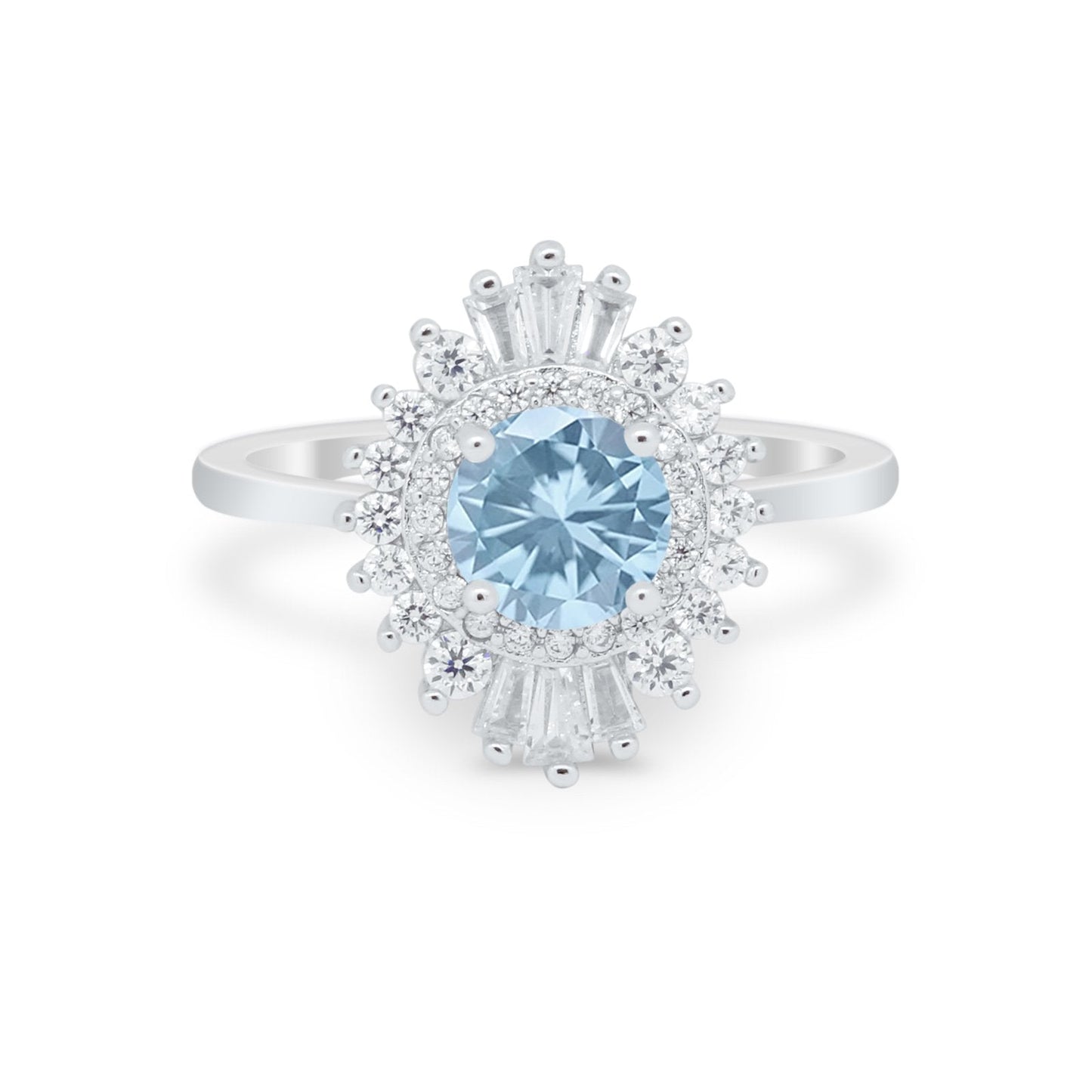 Art Deco Wedding Bridal Ring Baguette Simulated Aquamarine CZ