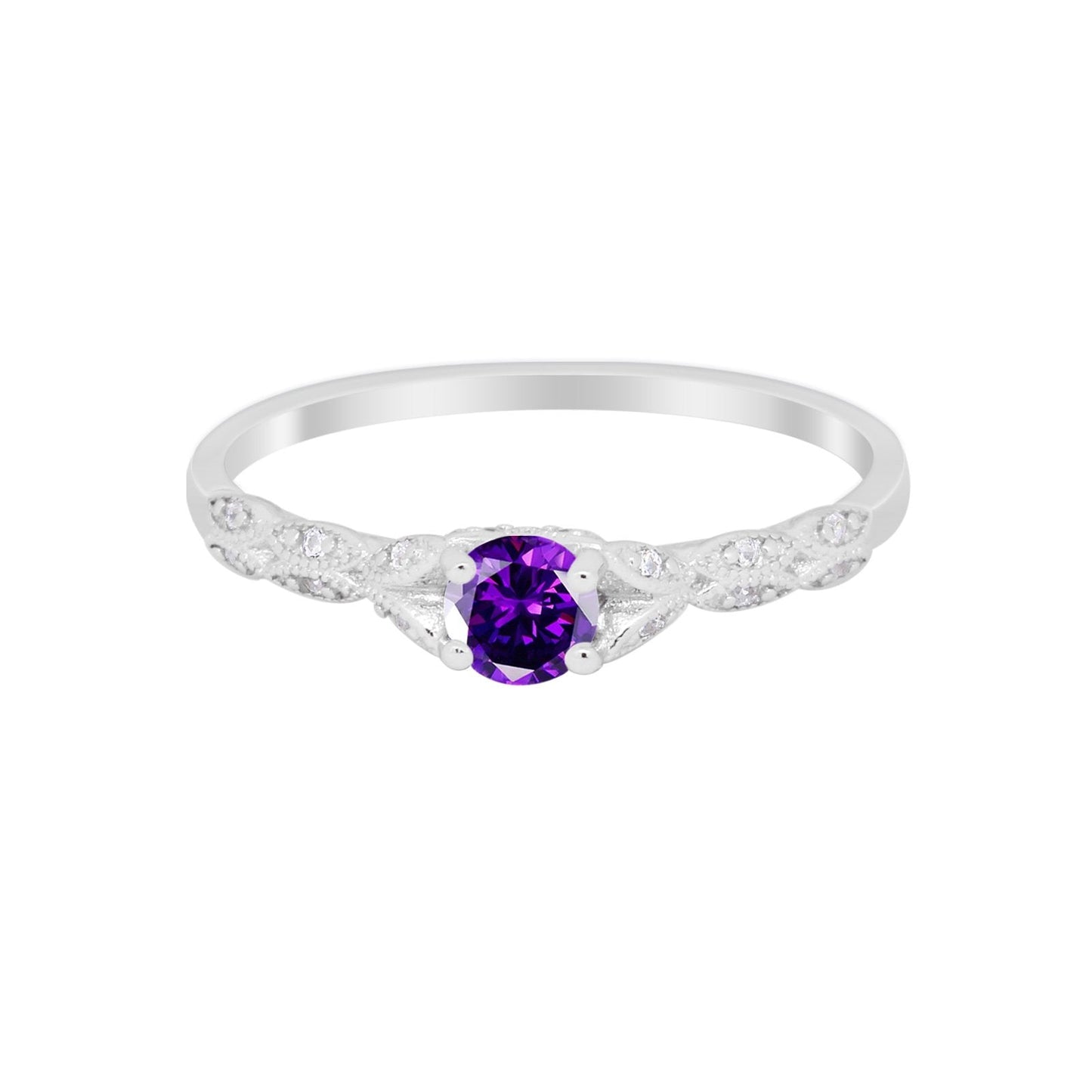 Petite Dainty Art Deco Round Simulated Amethyst CZ Engagement Ring