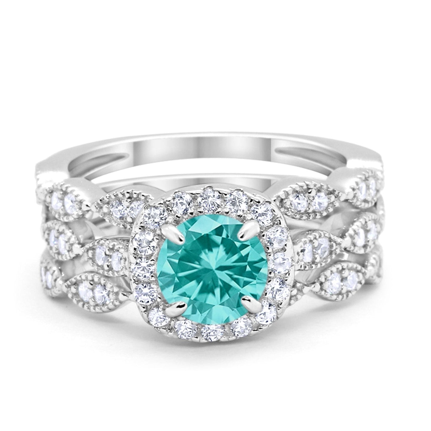 Halo Three Piece Wedding Simulated Paraiba Tourmaline CZ Ring