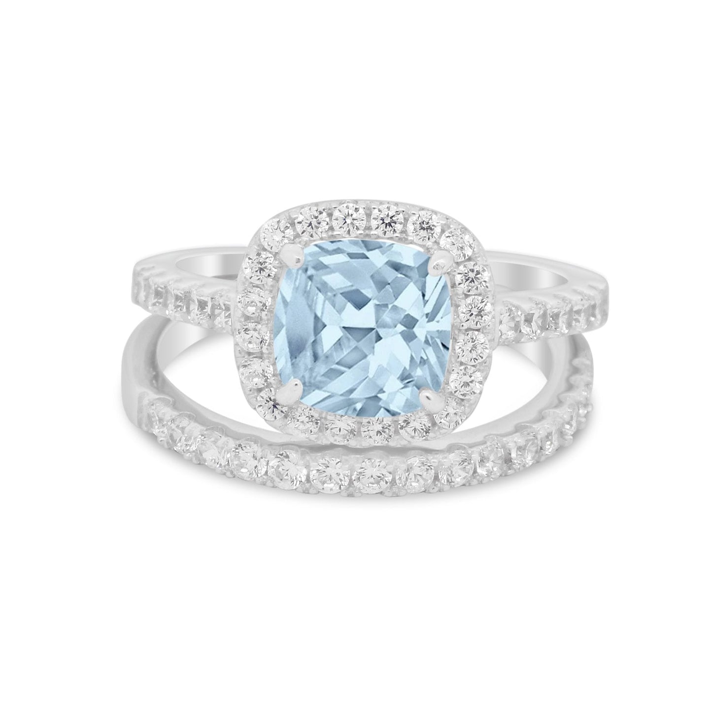 Two Piece Cushion Art Deco Wedding Ring Simulated Aquamarine CZ