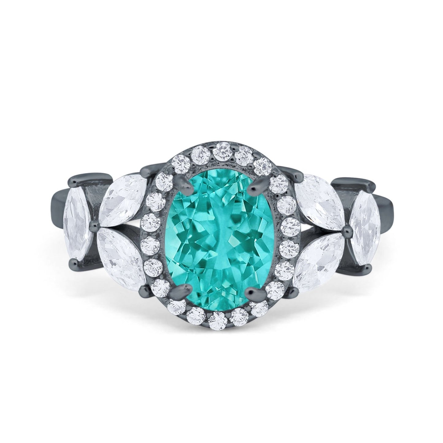 Oval Black Tone, Simulated Paraiba Tourmaline CZ Engagement Ring