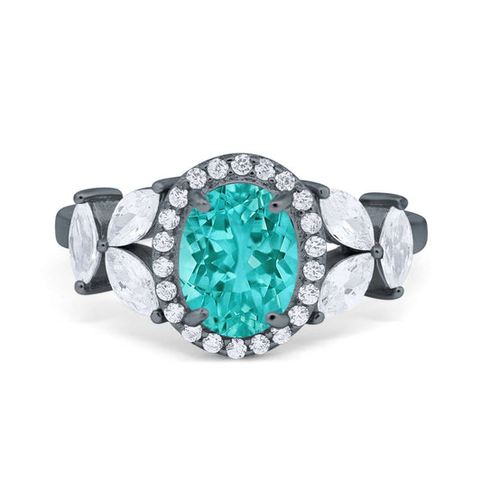 Oval Black Tone, Simulated Paraiba Tourmaline CZ Engagement Ring