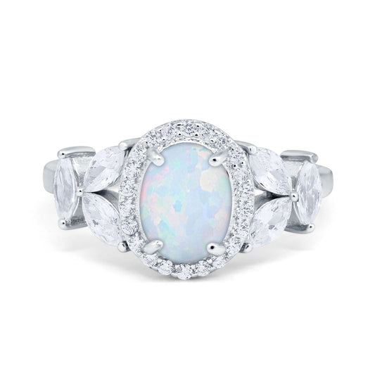 Oval Art Deco Lab Created White Opal  Engagement Ring