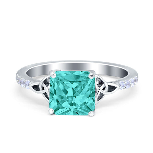 Cushion Cut Celtic Wedding Ring Simulated Paraiba Tourmaline CZ