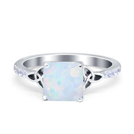 Cushion Cut Celtic Lab Created White Opal Wedding Ring