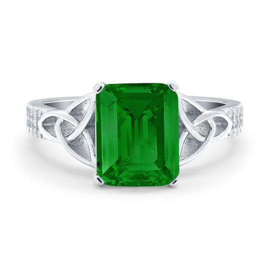 Emerald Cut Celtic Engagement Ring Simulated Green Emerald CZ