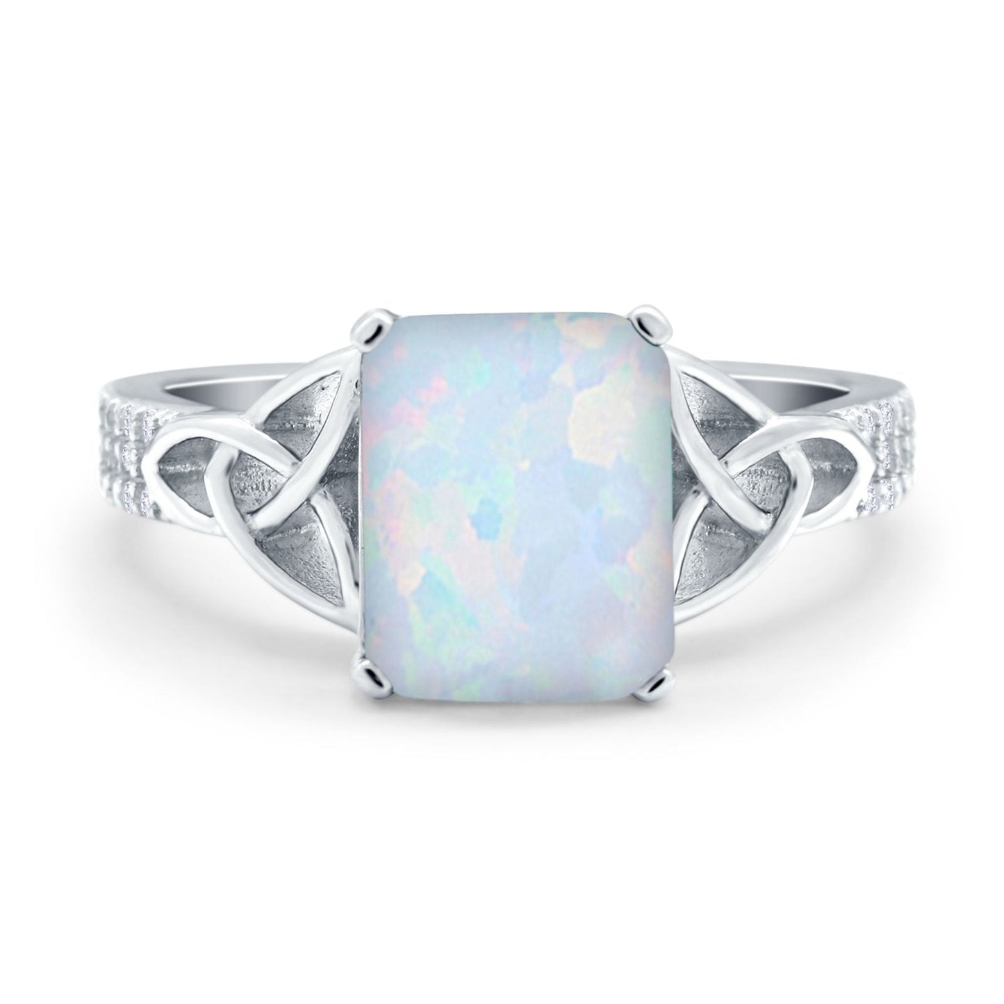 Emerald Cut Celtic Engagement Ring Lab Created White Opal