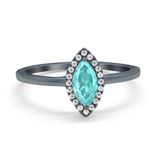 Halo Marquise Engagement Ring Black Tone, Simulated Paraiba Tourmaline CZ