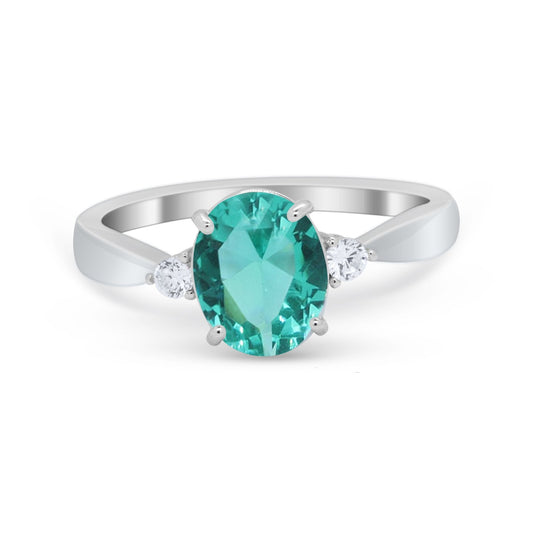 Three Stone Oval Engagement Ring Simulated Paraiba Tourmaline CZ