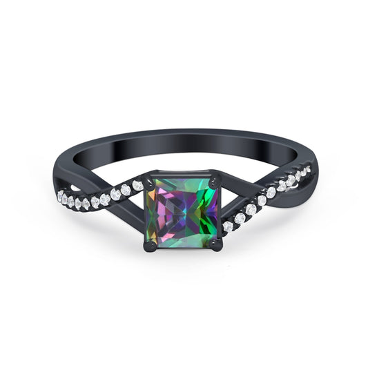 Infinity Shank Princess Cut Black Tone, Simulated Rainbow CZ Engagement Ring