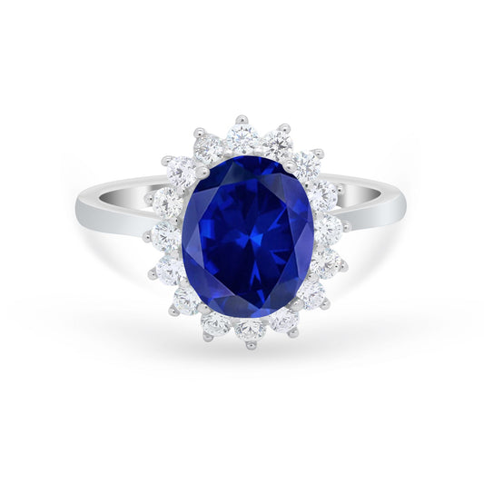 Floral Halo Oval Simulated Blue Sapphire CZ Wedding Ring