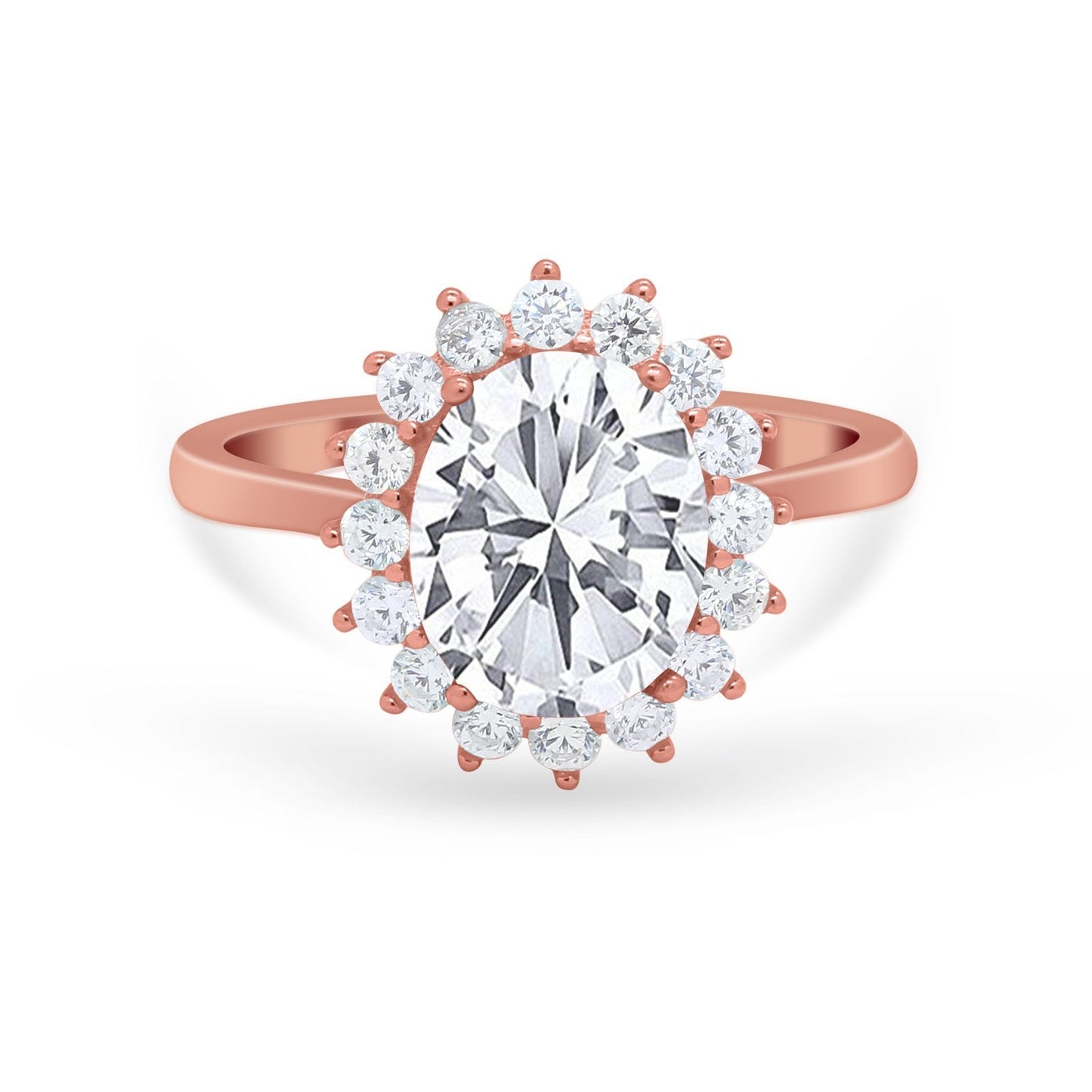 Floral Halo Oval Wedding Ring Rose Tone, Simulated Cubic Zirconia