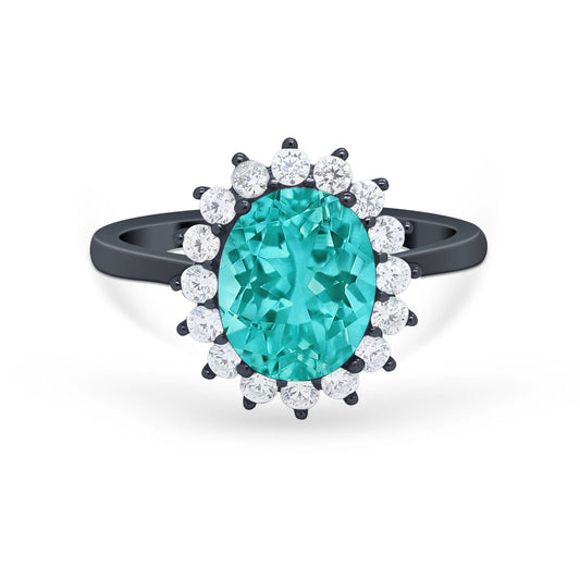 Halo Floral Oval Engagement Bridal Ring Black Tone, Simulated Paraiba Tourmaline CZ