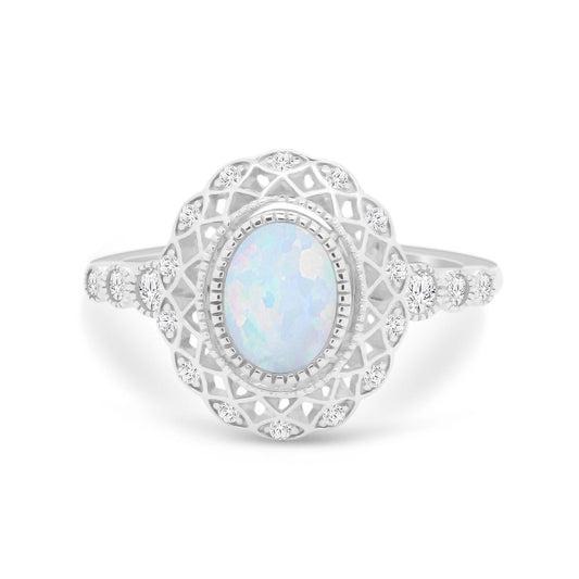 Vintage Style Art Deco Bezel Oval Created White Opal Ring