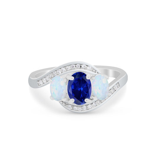 3-Stone Swirl Wedding Ring Oval Simulated Blue Sapphire CZ