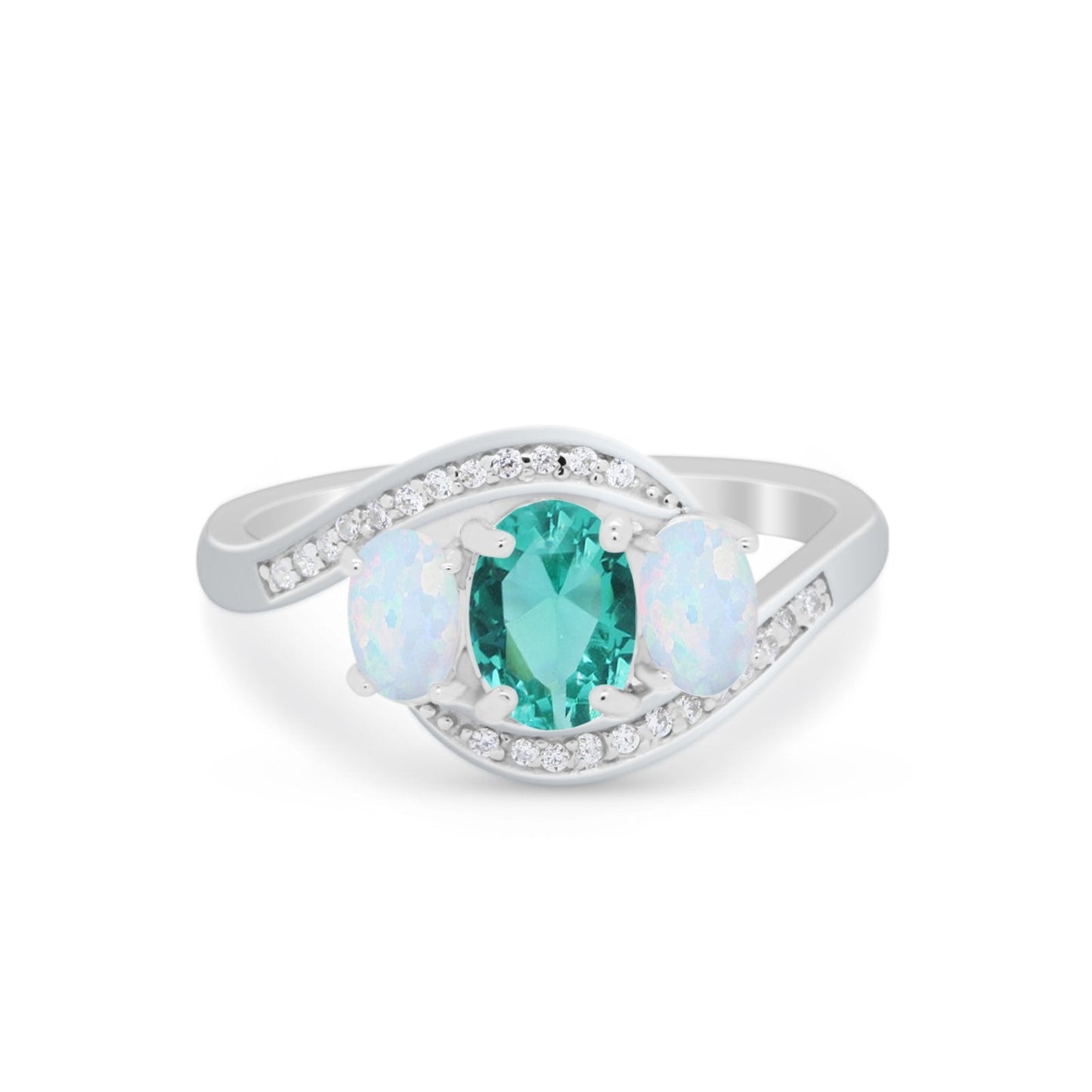 3-Stone Swirl Wedding Ring Oval Simulated Paraiba Tourmaline CZ