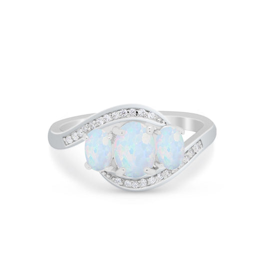 3-Stone Swirl Wedding Ring Round Lab Created White Opal