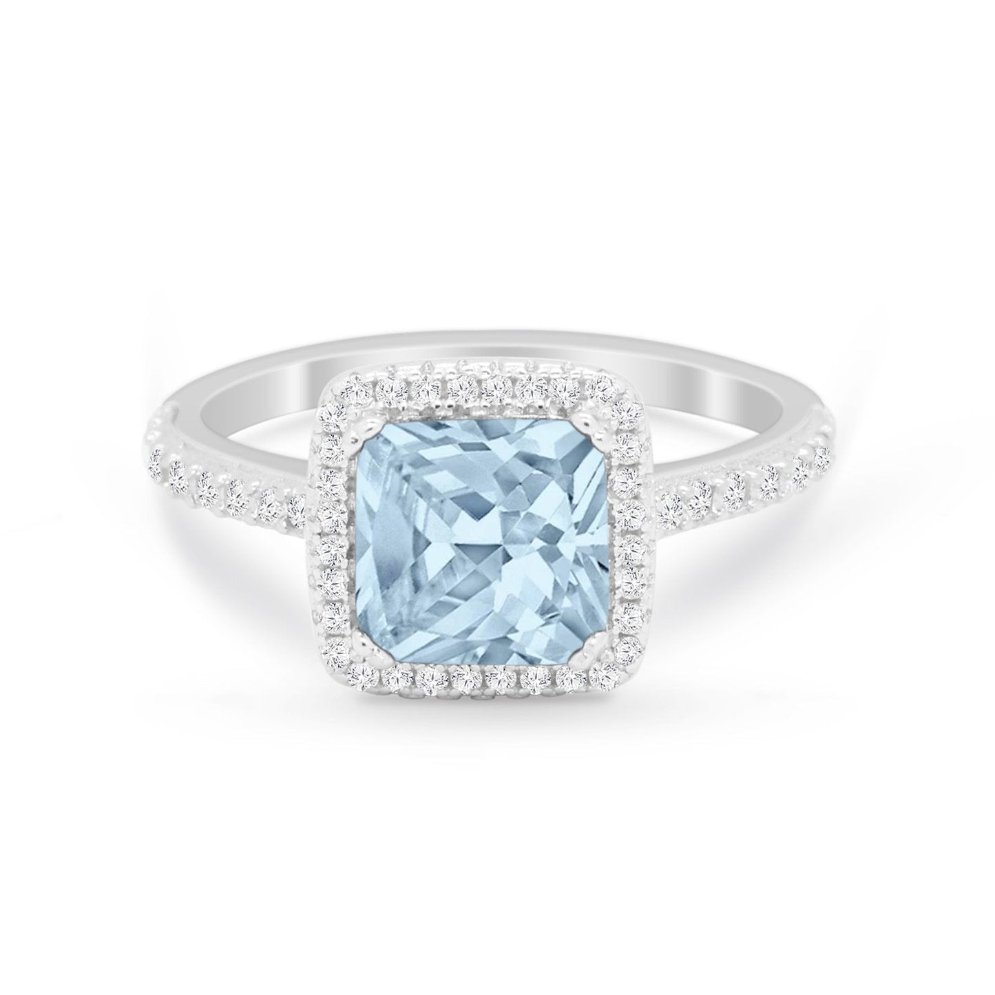 Halo Princess Cut Wedding Ring Simulated Aquamarine CZ