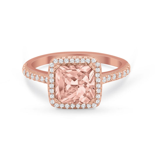 Halo Princess Cut Wedding Ring Rose Tone, Simulated Morganite CZ