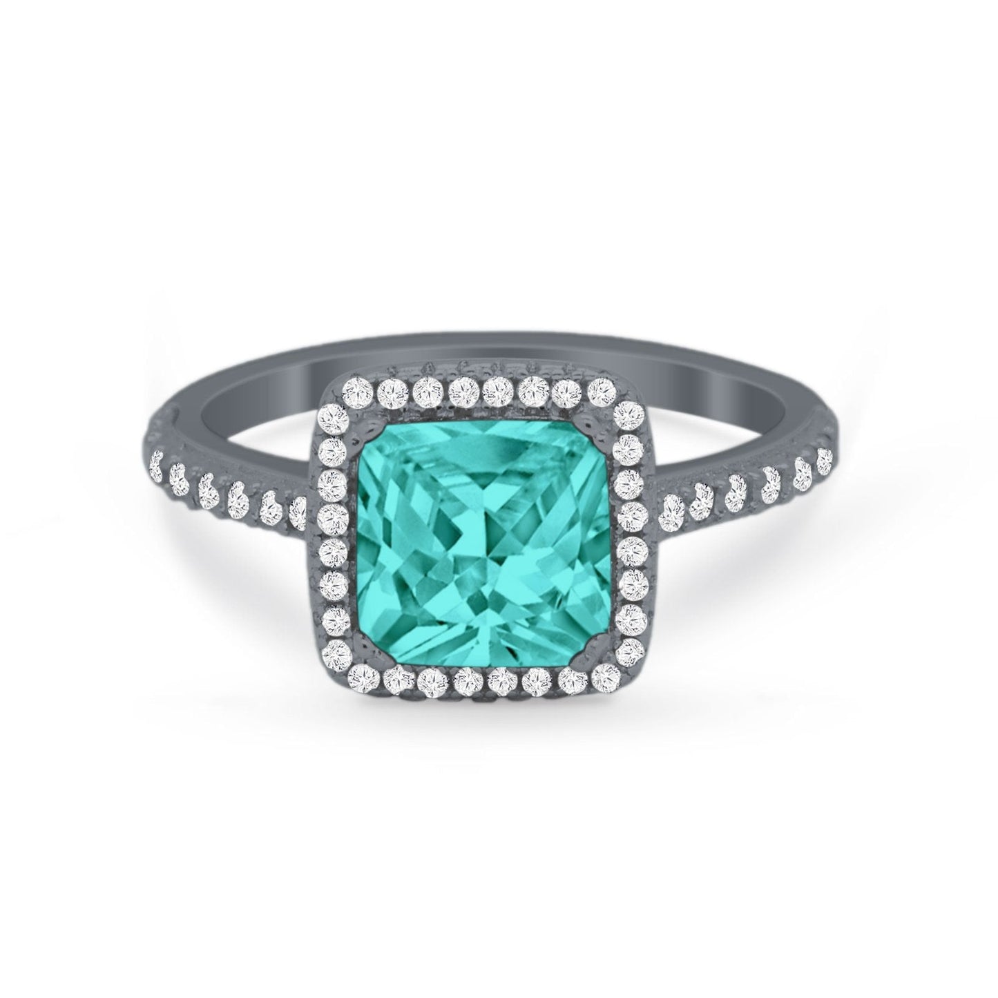 Halo Princess Cut Wedding Ring Black Tone, Simulated Paraiba Tourmaline CZ