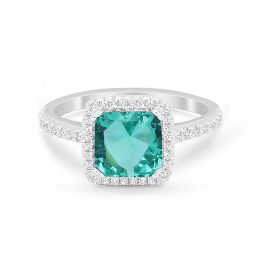 Halo Princess Cut Wedding Ring Simulated Paraiba Tourmaline CZ