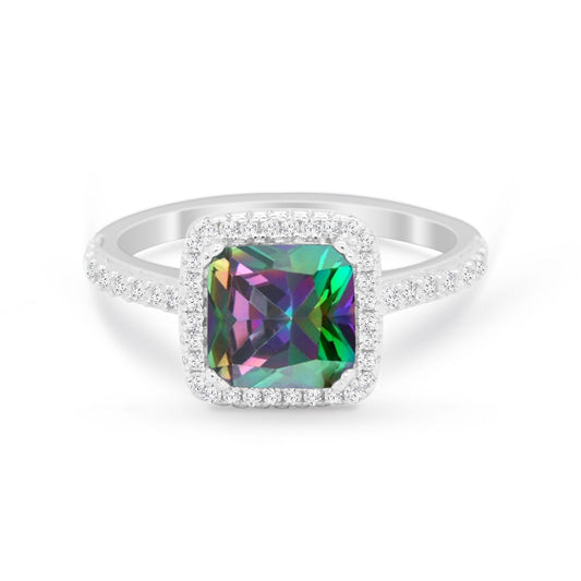 Halo Princess Cut Wedding Bridal Ring Simulated Rainbow CZ