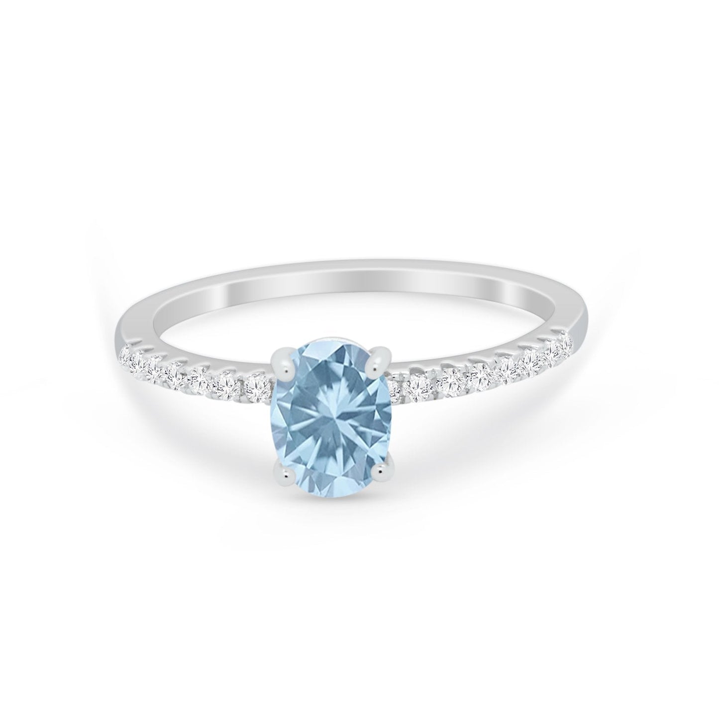 Solitaire Accent Oval Engagement Ring Simulated Aquamarine CZ