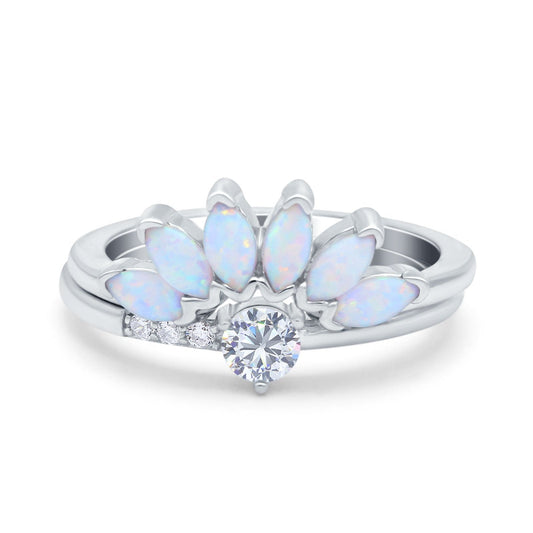 Two Piece Bridal Set Marquise Art Deco Wedding Engagement Ring Set Round Simulated Cubic Zirconia & Lab White Opal Band