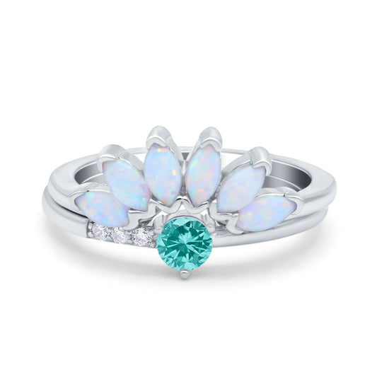 Two Piece Bridal Art Deco Wedding Ring Round Simulated Paraiba Tourmaline CZ