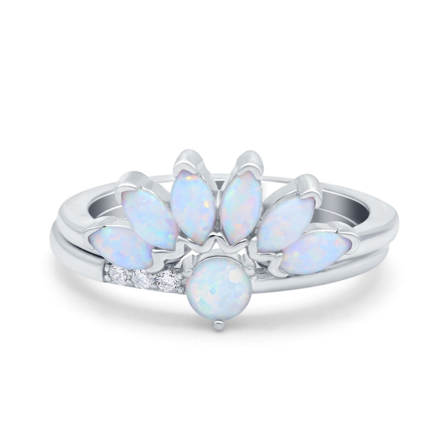 Two Piece Bridal Art Deco Wedding Ring Round Lab Created White Opal