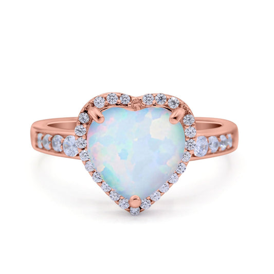 Halo Heart Promise Ring Rose Tone, Lab Created White Opal