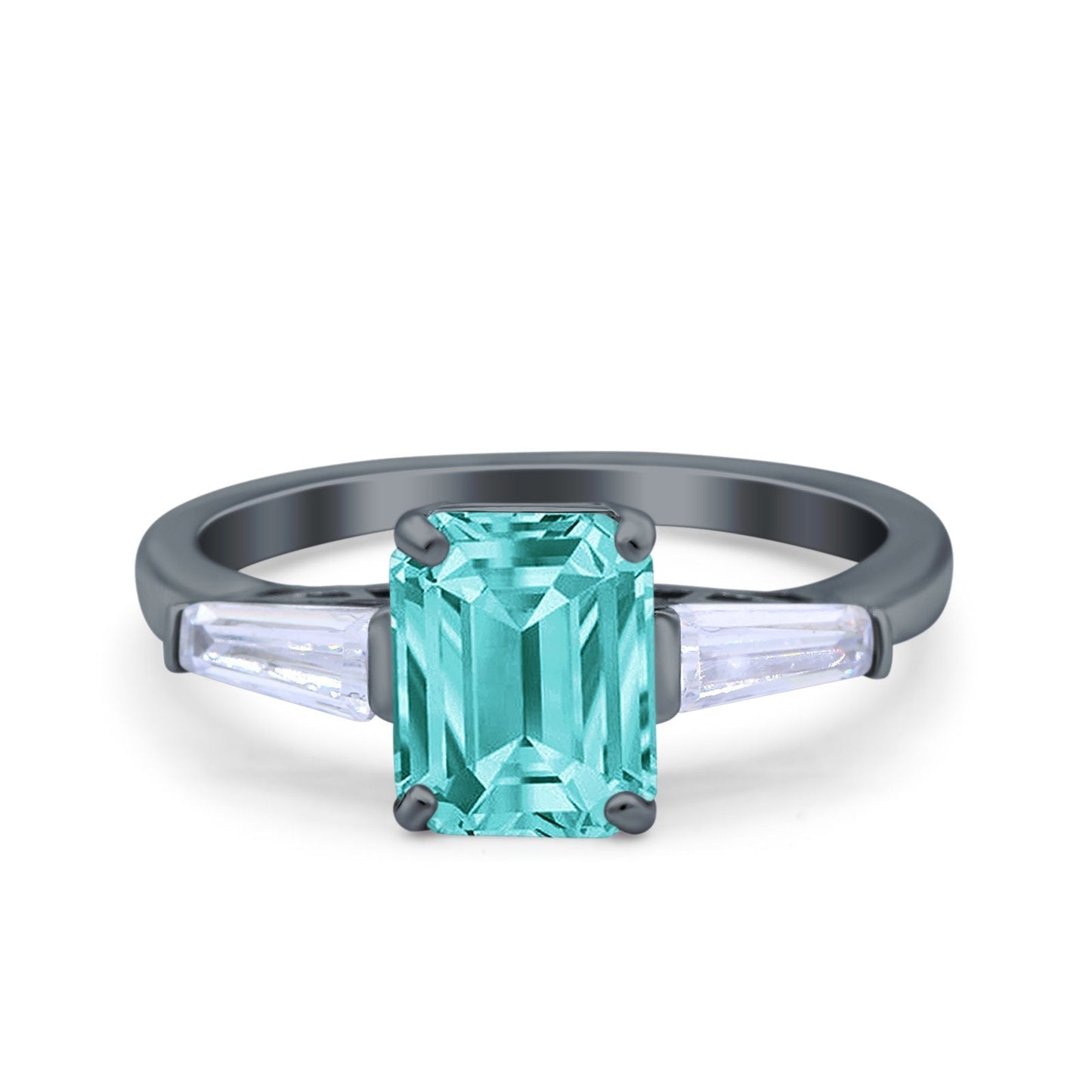 Art Deco Wedding Ring Emerald Cut Black Tone, Simulated Paraiba Tourmaline CZ