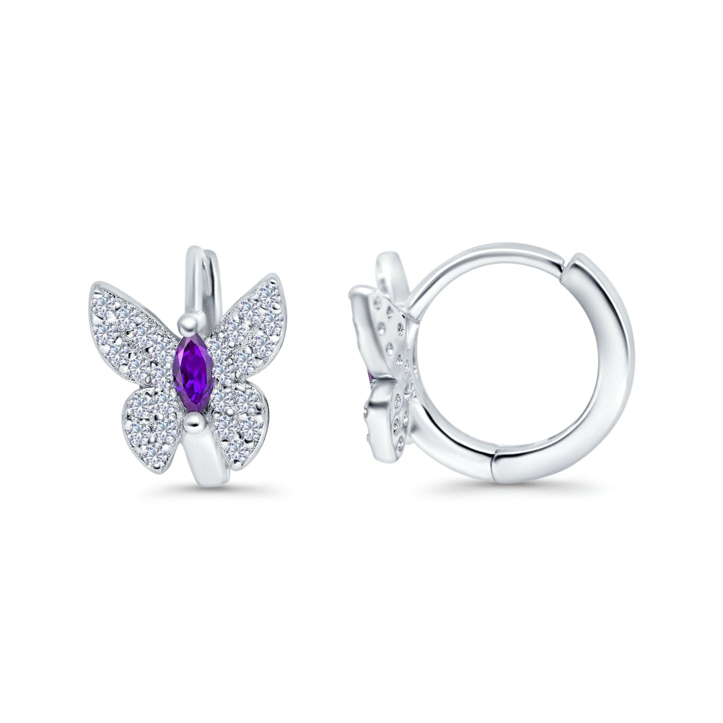 Butterfly Marquise Hoop Huggie Design Simulated Amethyst CZ Lever Back Earrings