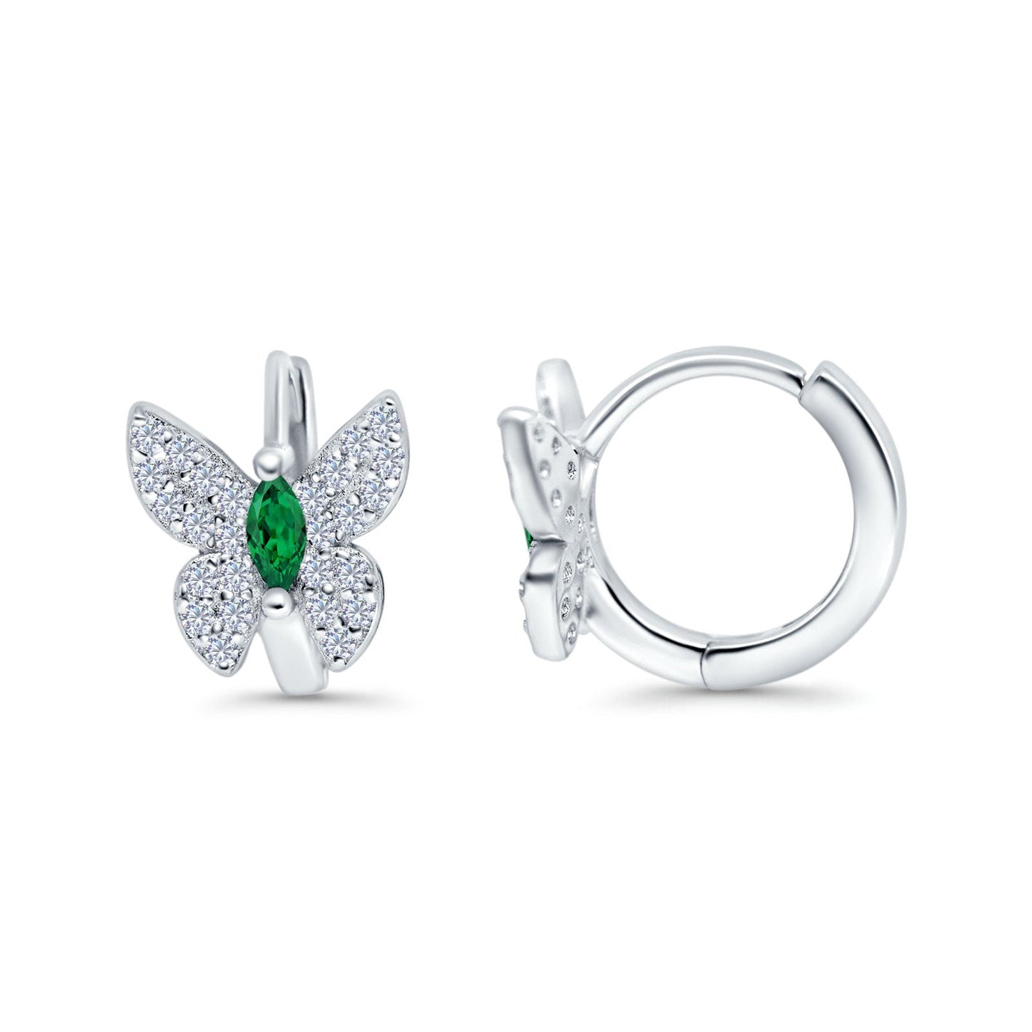 Butterfly Marquise Hoop Huggie Design Simulated Green Emerald CZ Lever Back Earrings