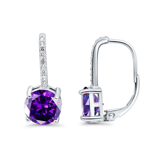 Round Hoop Huggie Design Simulated Amethyst CZ LeverBack Earrings