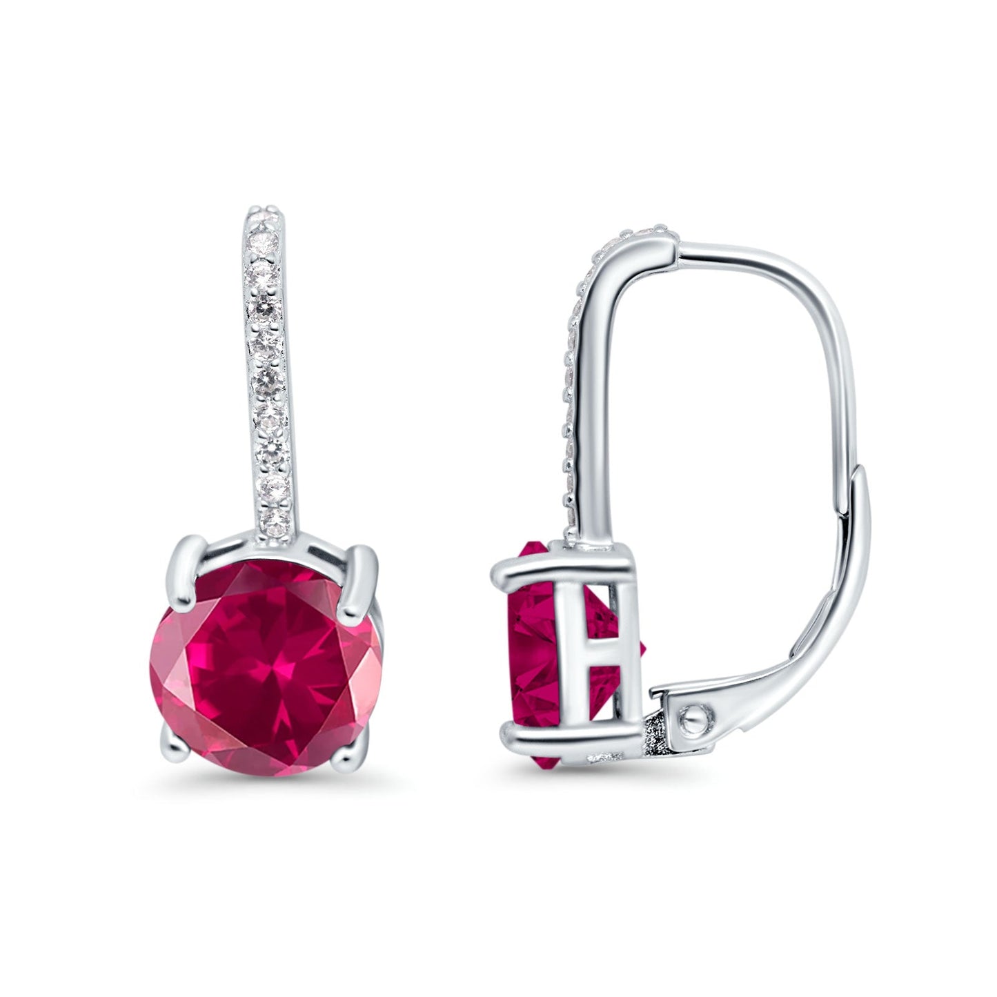 Round Hoop Huggie Design Simulated Ruby CZ LeverBack Earrings