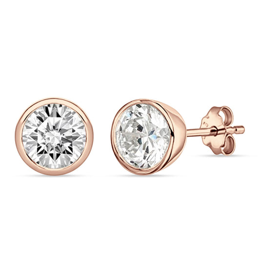 Bezel Set Cubic Zirconia Rose Tone Solitaire Stud Earring