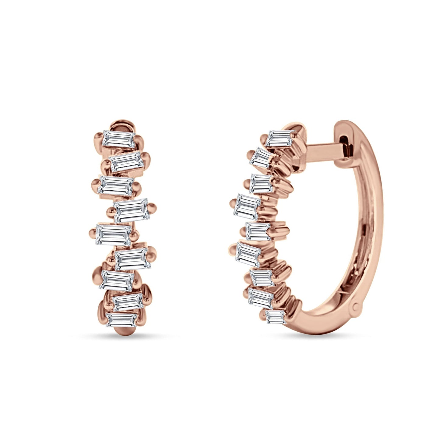 Baguette Zig Zag Hoop Earring Cubic Zirconia Rose Tone