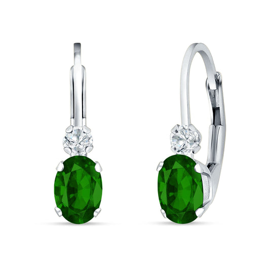 Oval Drop Dangle Charm Leverback Earring Green Emerald CZ