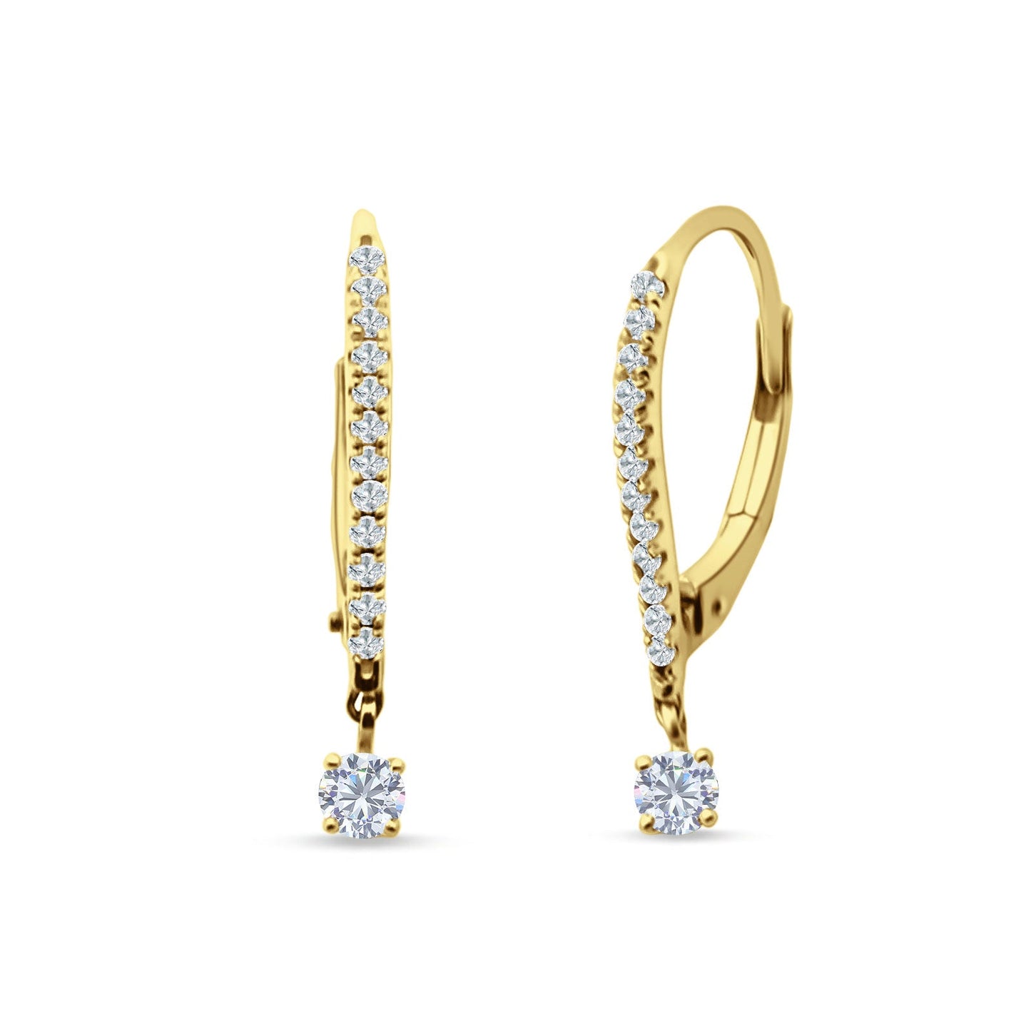 Round CZ Dangle Hoop Leverback Earrings Yellow Tone