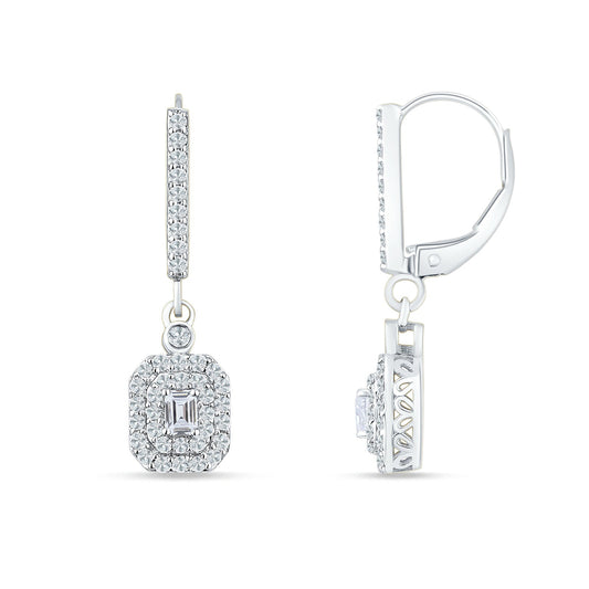 Emerald Cut Cluster CZ Dangle Hoop Leverback Earrings