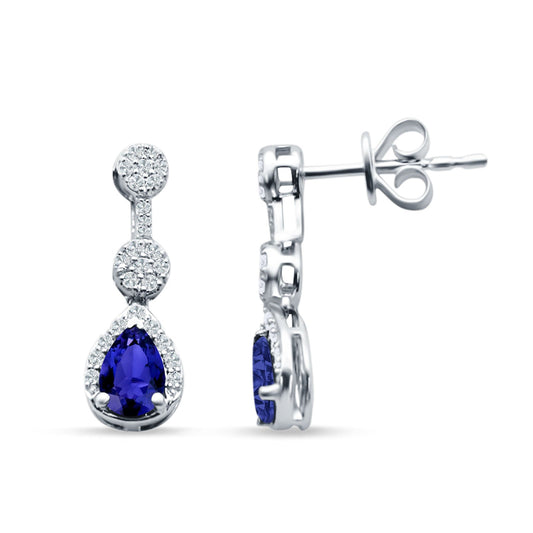 Drop Dangle Pear Stud Earrings Blue Sapphire CZ