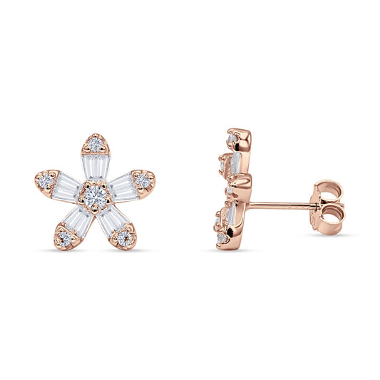Floral Stud Earrings Cubic Zirconia Rose Tone