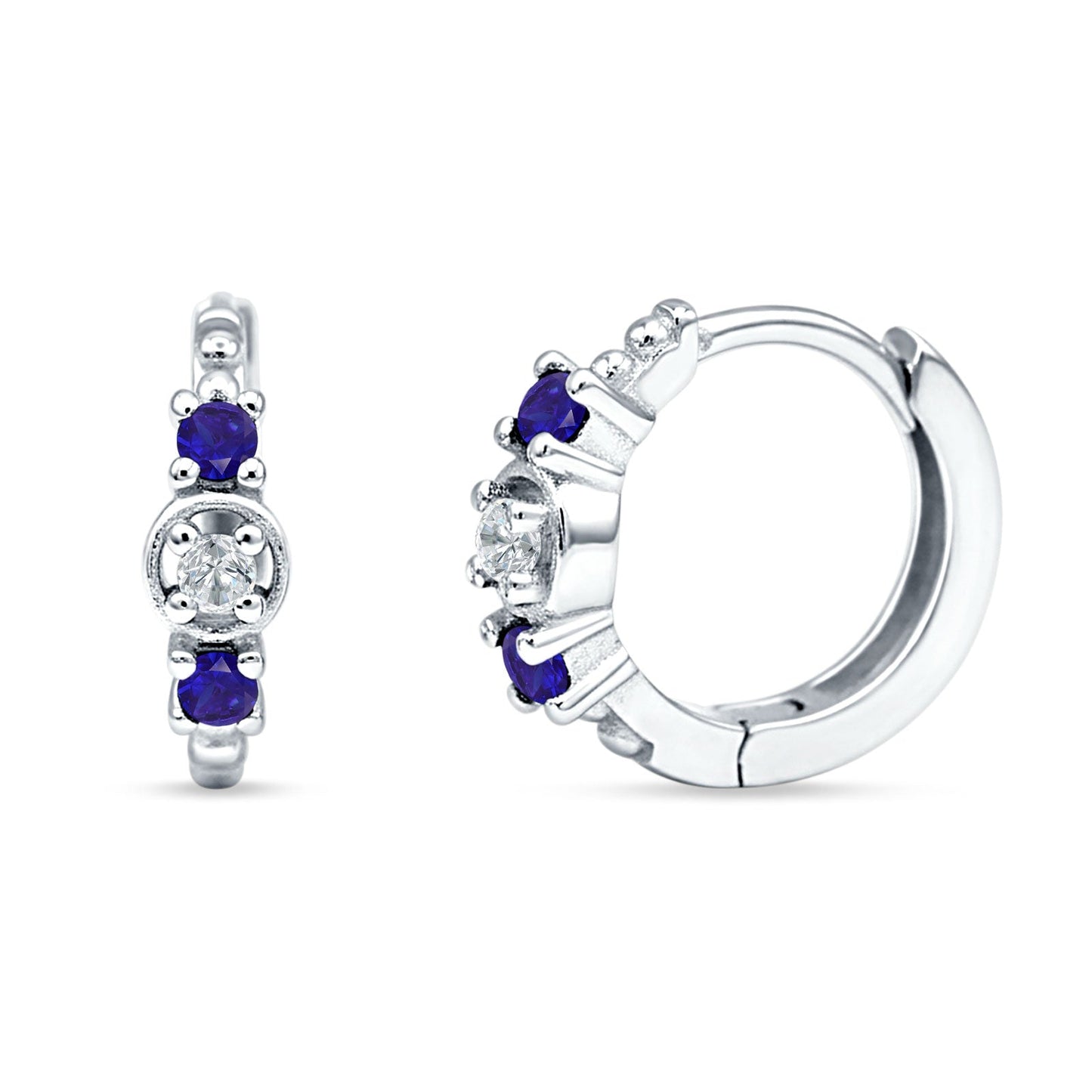 Round CZ & Blue Sapphire CZ Trio Huggie Hoop Earrings